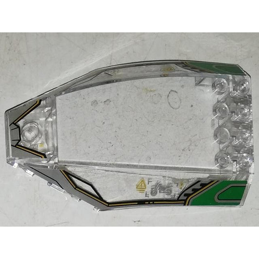 Windscreen 10 x 6 x 2 Curved with Dark Bluish Gray and Green Border Pattern (Stickers) - Set 70641 - Part - 45705pb028 - Trans-Clear - used - Qty:1