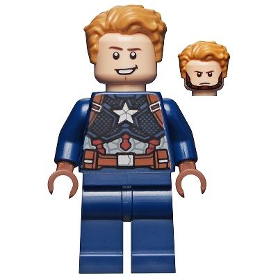 Captain America - Dark Blue Suit with Reddish Brown Belt and Harness Reddish Brown Hands Hair Dark Brown Eyebrows Chin Strap - Minifigure - New