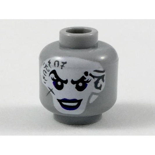 Minifigure Head Female White Face with Dark Bluish Gray Tattoos Dark Purple Eye Shadow and Lips Pattern - Part - 3626pb2115 - Light Bluish Gray - new - Qty:1