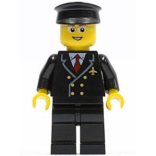 Airport - Pilot with Red Tie and 6 Buttons Black Legs Black Hat Glasses Open Mouth Smile - Minifigure