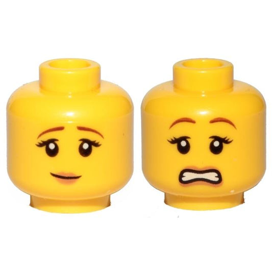 Minifigure Head Dual Sided Female Reddish Brown Eyebrows Black Eyelashes Nougat Lips Slight Grin / Scared Open Mouth with Teeth Pattern - Part - 3626pb1571 - Yellow - new - Qty:1