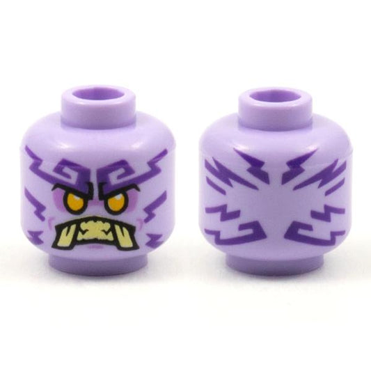 Minifigure Head Alien Ninjago Islander with Dark Purple Tattoos Bright Light Orange Eyes Medium Lavender Eye Shadow Tan Teeth and Tusks Pattern - Part - 3626pb2768 - Lavender - new - Qty:1