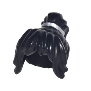 Minifigure Hair Female Wavy Ponytail with Long Bangs with Silver Band Pattern - Part - 25405pb01 - Black - used - Qty:1
