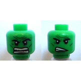 Minifigure Head Dual Sided Alien with Black Thick Eyebrows Dark Green Cheek Lines Chin Dimple and Wrinkles Furrowed Brow Angry Open Mouth with Teeth Parted / Scowl Pattern - Part - 3626pb0723 - Bright Green - used - Qty:1