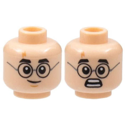 Minifigure Head Dual Sided Black Thick Eyebrows Round Glasses with Dark Silver Temples Nougat Lightning Bolt Scar Lopsided Grin with Medium Nougat Chin Dimple / Scared Open Mouth with Teeth Parted Pattern - Part - 3626pb2168 - Light Nougat - new - Qty:1