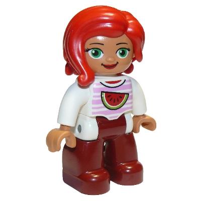 Duplo Figure Lego Ville Female Dark Red Legs White Top with Bright Pink Stripes and Watermelon Pattern Green Eyes Red Hair - Minifigure - New