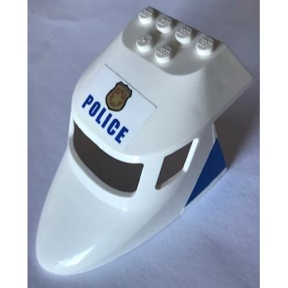 Aircraft Fuselage Forward Top Curved 6 x 10 x 4 with 3 Window Panes with 'POLICE' and Badge on Top and Blue Triangle Pattern on Both Sides (Stickers) - Set 60138 - Part - 87613pb014 - White - used - Qty:1