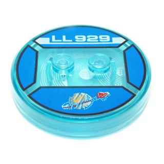 Dimensions Toy Tag 4 x 4 x 2/3 with 2 Studs and Trans-Light Blue Bottom with Faded Classic Space Logo and White 'LL 929' on Blue Background Pattern (Benny) - Part - 18605c01pb28 - Trans-Light Blue - used - Qty:1