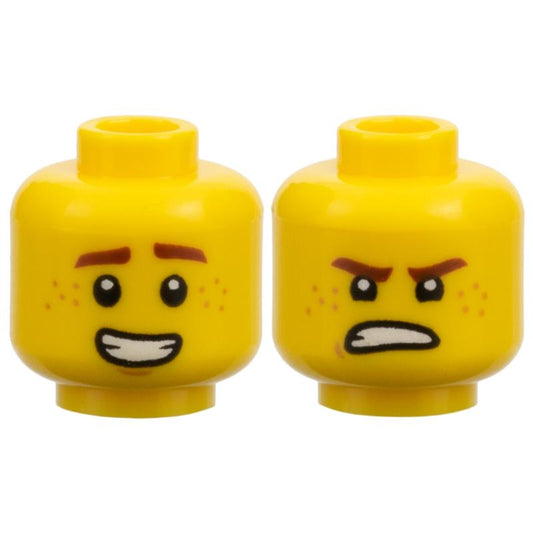 Minifigure Head Dual Sided Reddish Brown Eyebrows and Freckles Open Smile / Scowl Pattern (Jay) - Part - 3626pb4047 - Yellow - new - Qty:1