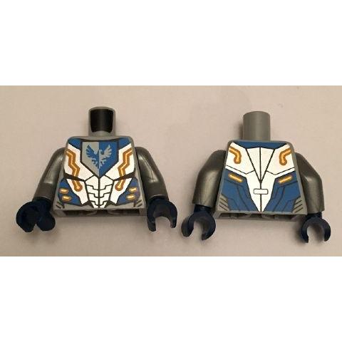 Torso Nexo Knights Armor with Orange and Gold Circuitry and Emblem with Blue Falcon Pattern / Flat Silver Arms / Dark Blue Hands - Part - 973pb2279c01 - Light Bluish Gray - used - Qty:1