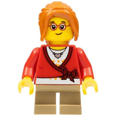Child - Girl Sweater Cropped with Bow Heart Necklace Dark Tan Short Legs Dark Orange Ponytail Long with Side Bangs Glasses Freckles - Minifigure - New