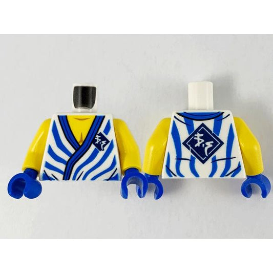 Torso Tunic Yellow Chest Blue Hem Stripes and Ninjago Logogram 'VS' in Dark Blue Diamond Pattern / Yellow Arms / Blue Hands - Part - 973pb4159c01 - White - used - Qty:1
