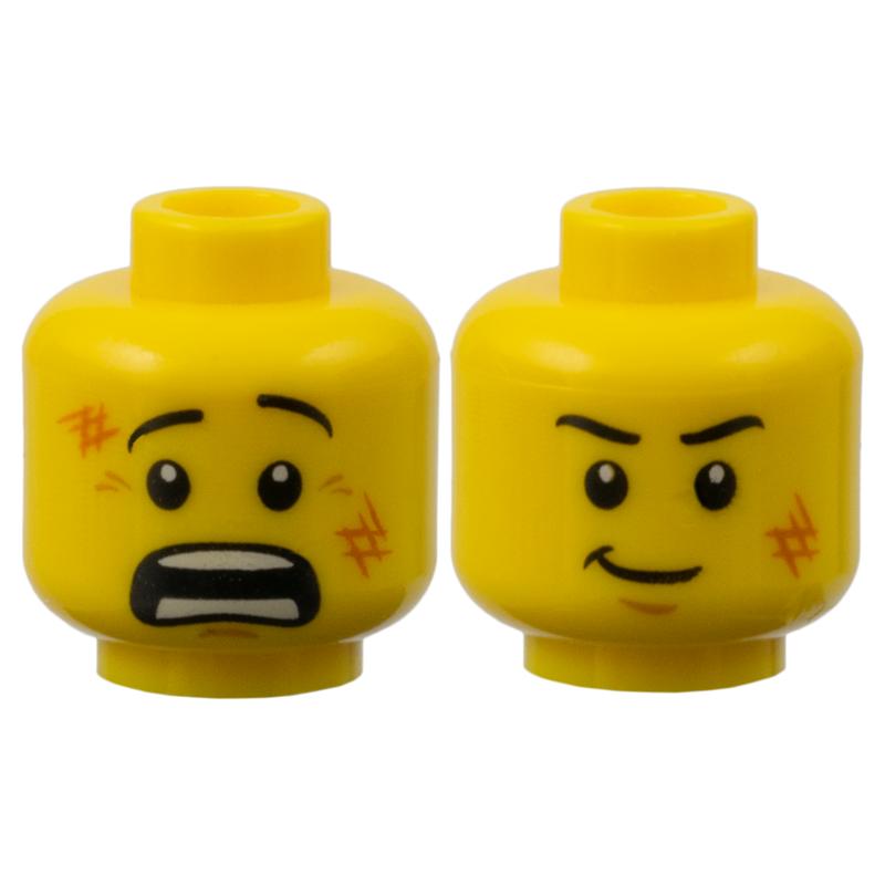 Minifigure Head Dual Sided Black Eyebrows Dark Orange Scuff Marks Medium Nougat Chin Dimple Scared Open Mouth with Teeth Parted / Smirk Pattern - Part - 3626pb0650 - Yellow - used - Qty:1