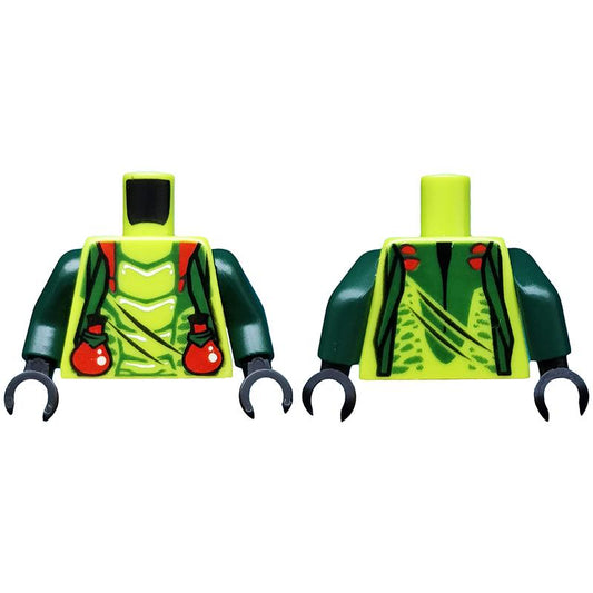 Torso Ninjago Snake with Dark Green Straps and Red Vials Pattern (Spitta) / Dark Green Arms / Black Hands - Part - 973pb1192c01 - Lime - used - Qty:1