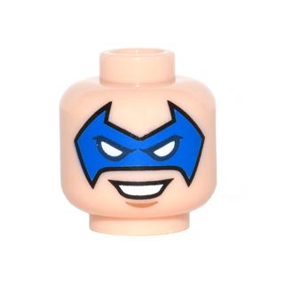 Minifigure Head Blue Domino Mask Pointed with White Eye Holes Nougat Chin Dimple Open Mouth Smile with Teeth Pattern - Part - 3626pb1513 - Light Nougat - used - Qty:1