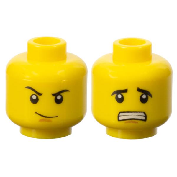 Minifigure Head Dual Sided Black Eyebrows Medium Nougat Chin Dimple Thin Smirk / Scared Open Mouth with Teeth Pattern - Part - 3626pb0654 - Yellow - used - Qty:1
