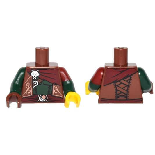 Torso Vest Ornate Sash Silver Wolf / Fox Head Pattern / Dark Green Arm Left with Dark Red Short Sleeve Pattern / Dark Green Arm Right / Yellow Hand Left / Reddish Brown Hand Right - Part - 973pb2397c01 - Reddish Brown - used - Qty:1