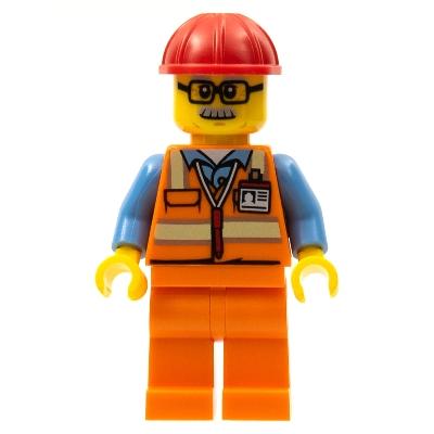 Orange Safety Vest with Reflective Stripes Orange Legs Red Construction Helmet Glasses - Minifigure - New