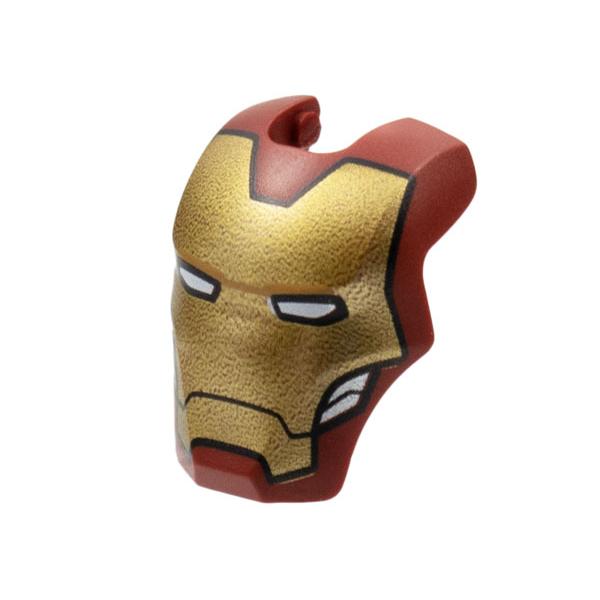 Minifigure Visor Top Hinge Large with Gold Face Shield White Eyes Silver Trim on Cheeks Pattern (Iron Man Mark 85) - Part - 80430pb01 - Dark Red - used - Qty:1