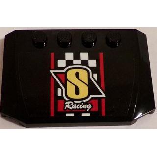 Wedge 4 x 6 x 2/3 Triple Curved with 'S Racing' and Black and White Checkered Pattern (Sticker) - Set 60084 - Part - 52031pb087 - Black - used - Qty:2