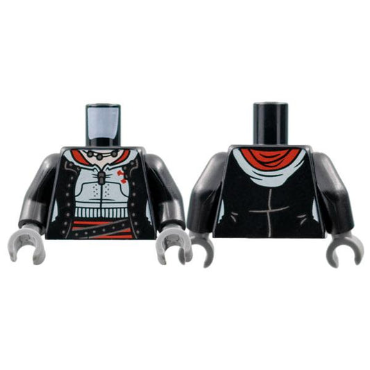 Torso Female Open Jacket with Buttons White Hoodie Silver Zipper and Necklace Red Trim Belt Pattern / Black Arms / Dark Bluish Gray Hands - Part - 973pb4887c01 - Black - used - Qty:1