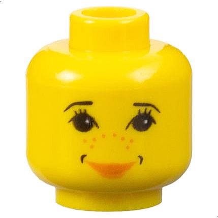 Minifigure Head Female with Black Thin Eyebrows Eyelashes and Dimples Earth Orange Freckles and Lips Smile Pattern - Part - 3626pb0160 - Yellow - used - Qty:1