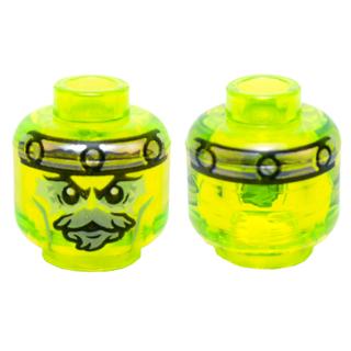 Minifigure Head Alien Ghost with Gray Goatee Yellowish Green Eyes and Metal Band on Front and Back Pattern - Part - 3626pb1401 - Trans-Neon Green - new - Qty:1