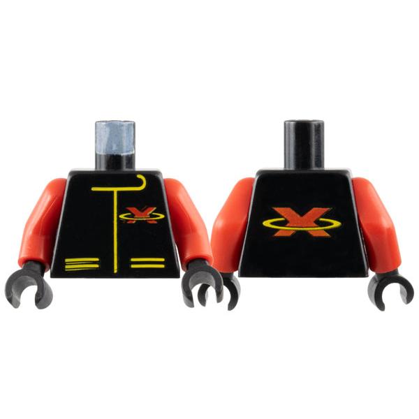 Torso Racing Suit with Red Letter X Extreme Team Logo and Yellow Lines Pattern / Red Arms / Black Hands - Part - 973p8ac02 - Black - used - Qty:1