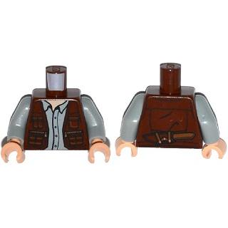 Torso Leather Vest Zipper Pockets Light Bluish Gray Button Down Shirt Knife on Reverse Pattern / Light Bluish Gray Arms / Light Nougat Hands - Part - 973pb2053c01 - Reddish Brown - used - Qty:1