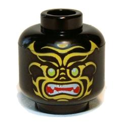 Minifigure Head Alien with Lime Eyes Yellow Markings Angry Open Red Mouth with Sharp Teeth Parted Pattern - Part - 3626pb0843 - Black - used - Qty:1