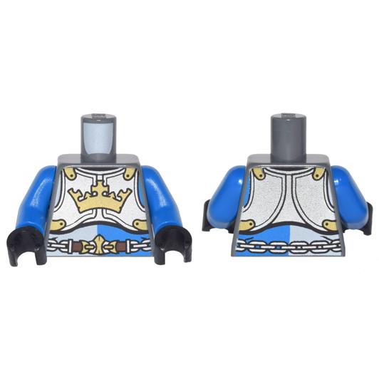 Torso Castle King's Knight Breastplate with Crown Chain Belt Pattern / Blue Arms / Black Hands - Part - 973pb1509c01 - Dark Bluish Gray - used - Qty:1