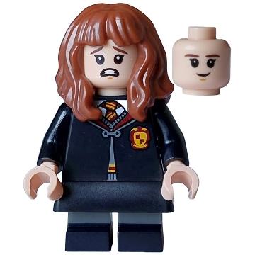 Hermione Granger - Gryffindor Robe Clasped Black Skirt Black Short Legs with Dark Bluish Gray Stripes Open Mouth Scared / Closed Mouth Grin - Minifigure - New