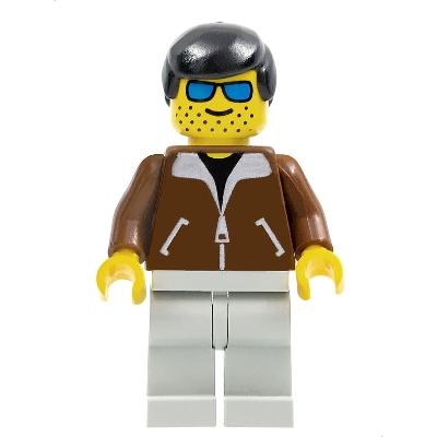 Jacket Brown - Light Gray Legs Black Male Hair Blue Sunglasses - Minifigure - New