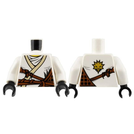 Torso Ninjago Brown Rope and White Undershirt Gold Lion on Back Pattern / White Arms / Black Hands - Part - 973pb0995c01 - White - used - Qty:1