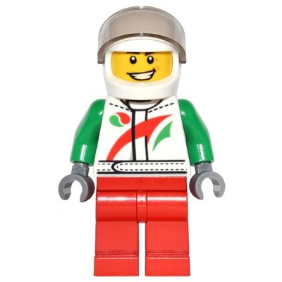 Octan - Jacket with Red and Green Stripe Red Legs White Helmet Trans-Brown Visor Crooked Smile and Laugh Lines - Minifigure - New