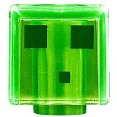 Minifigure Head Modified Cube with Pixelated Dark Green Eyes and Mouth Pattern (Minecraft Slime) - Part - 19729pb021 - Trans-Bright Green - used - Qty:1
