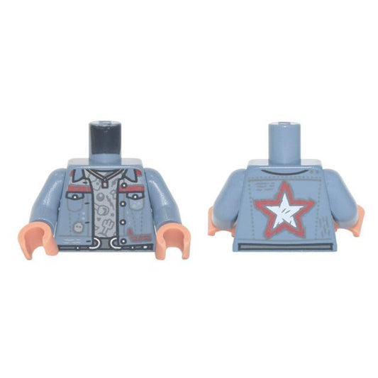 Torso Jacket with Pockets Red Trim and Star over Light Bluish Gray Shirt Belt with Silver Buckles Pattern / Sand Blue Arms / Nougat Hands - Part - 973pb4655c01 - Sand Blue - used - Qty:1