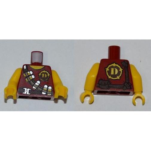 Torso Dino Tranquilizer Bandolier Belt and 'D' Pattern / Yellow Arms / Yellow Hands - Part - 973pb0992c01 - Dark Red - used - Qty:1