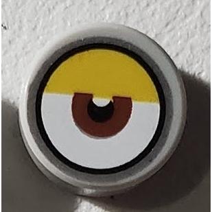 Tile Round 1 x 1 with White Eye with Centered Reddish Brown Iris Partially Closed Yellow Eyelid and Silver Outline Pattern - Part - 98138pb142 - Light Bluish Gray - new - Qty:2