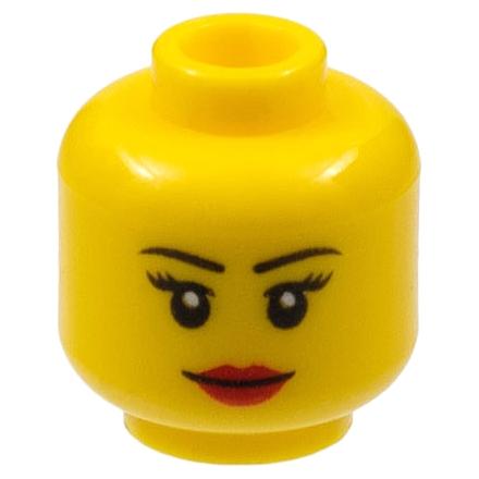 Minifigure Head Female Black Thin Eyebrows Eyelashes Red Lips Grin Pattern - Part - 3626pb0629 - Yellow - used - Qty:1