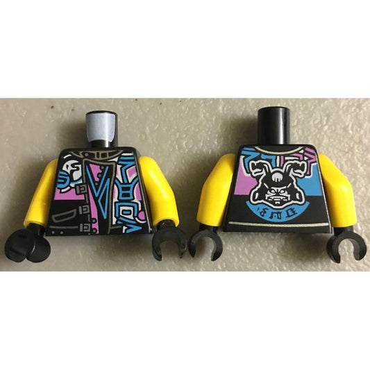 Torso Biker Vest with Dark Pink / Medium Azure Ninjago Characters Sons of Garmadon Logo and Ninjago 'SOG' on Back Pattern / Yellow Arms / Black Hands - Part - 973pb3026c01 - Black - new - Qty:1