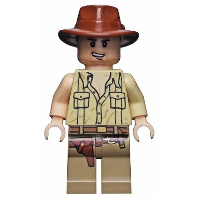 Indiana Jones - Tan Open Collar Shirt Reddish Brown Fedora Open Mouth Lopsided Grin - Minifigure - Used