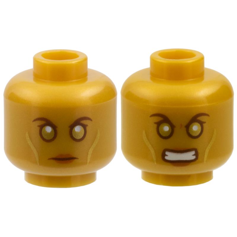 Minifigure Head Dual Sided Alien with Gold Eyes and Cheek Contours Neutral / Angry Pattern - Part - 3626pb1806 - Pearl Gold - used - Qty:1