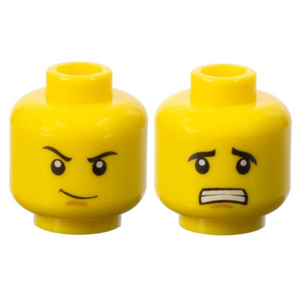 Minifigure Head Dual Sided Black Eyebrows Medium Nougat Chin Dimple Thin Smirk / Scared Open Mouth with Teeth Pattern - Part - 3626pb0654 - Yellow - used - Qty:1