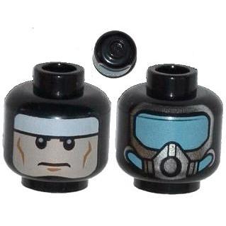 Minifigure Head Dual Sided Balaclava with White Headband over Light Nougat Face with Medium Nougat Cheek Lines and Chin Dimple Stern / Silver Scuba Mask with Medium Azure Visor Pattern - Part - 3626pb1055 - Black - used - Qty:1