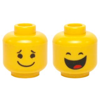 Minifigure Head Dual Sided Black Small Eyebrows and Wide Grin / Closed Eyes and Large Open Mouth Smile with Red Tongue Pattern - Part - 3626pb1242 - Yellow - used - Qty:1