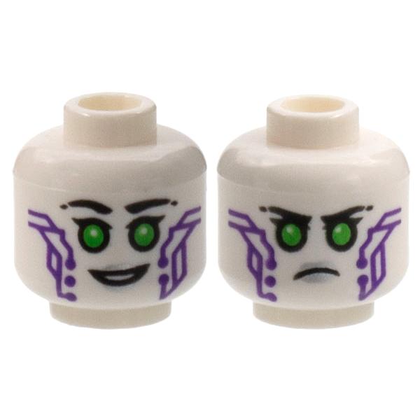 Minifigure Head Dual Sided Alien Robot Female with Black Eyebrows Single Eyelashes Bright Green Eyes Silver Lips Dark Purple Circuitry Open Mouth Smile / Angry Frown Pattern - Part - 3626pb3050 - White - used - Qty:1