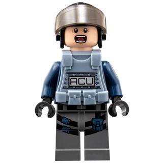 ACU Trooper - Male Black Aviator Cap with Trans-Brown Visor Light Nougat Head Sand Blue Body Armor Vest - Minifigure - Used
