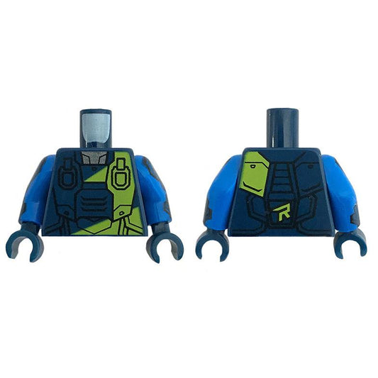 Torso Spacesuit with Lime 'R' and Stripe over Reflective Shirt Pattern / Blue Arms with Dark Blue Pads / Dark Blue Hands - Part - 973pb3430c01 - Dark Blue - used - Qty:1