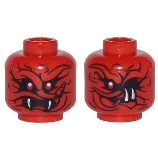 Minifigure Head Dual Sided Alien Snake with Black Wavy Lines 2 Red Eyes and 2 White Fangs / 1 Red Eye and 2 White Lower Fangs on Side Pattern - Part - 3626pb1754 - Red - new - Qty:1